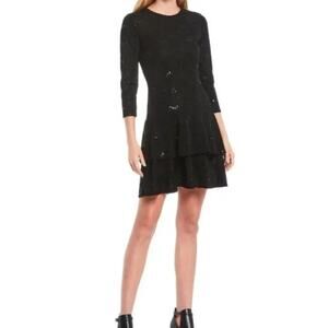 Michael Kors Women Sequin 3/4 Sleeve Jacquard Tiered Flounce Dress Size 2X Black